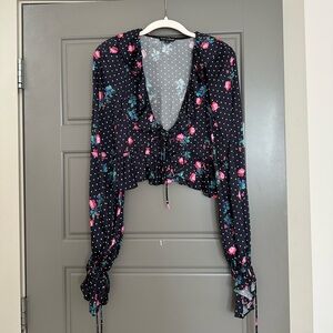 For Love And Lemons Black Crop Blouse with Ruched Sleeves